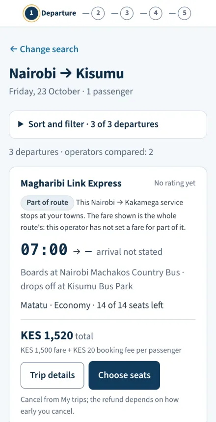Search results listing departures from several Bus Companies with times and prices.