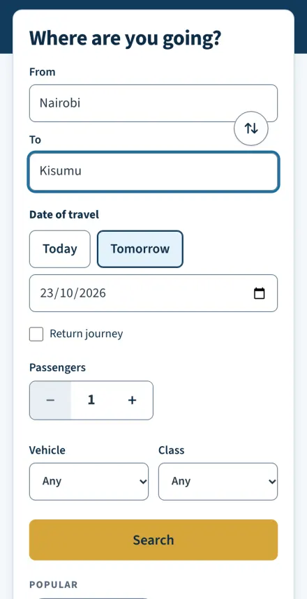 The Masafa search screen with From, To, date and passengers.