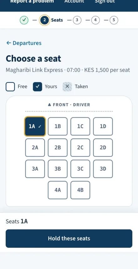 A seat map with free and taken seats marked by symbol as well as colour.