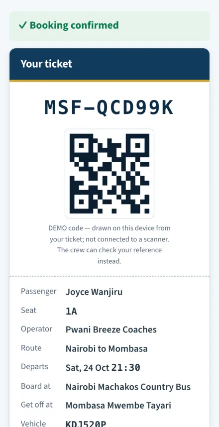 A confirmed ticket with reference, seat, boarding point and departure time.